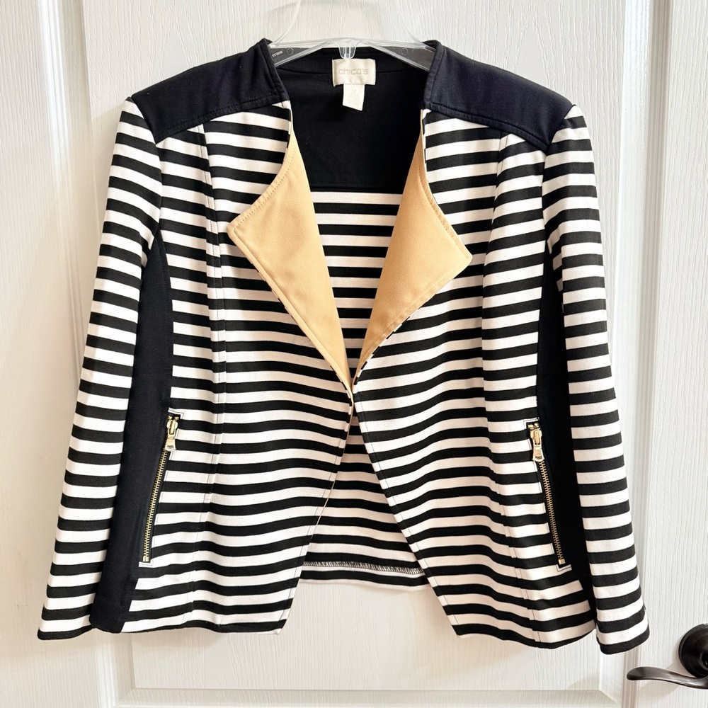 Chico's Black and White Striped Blazer with Tan Lining